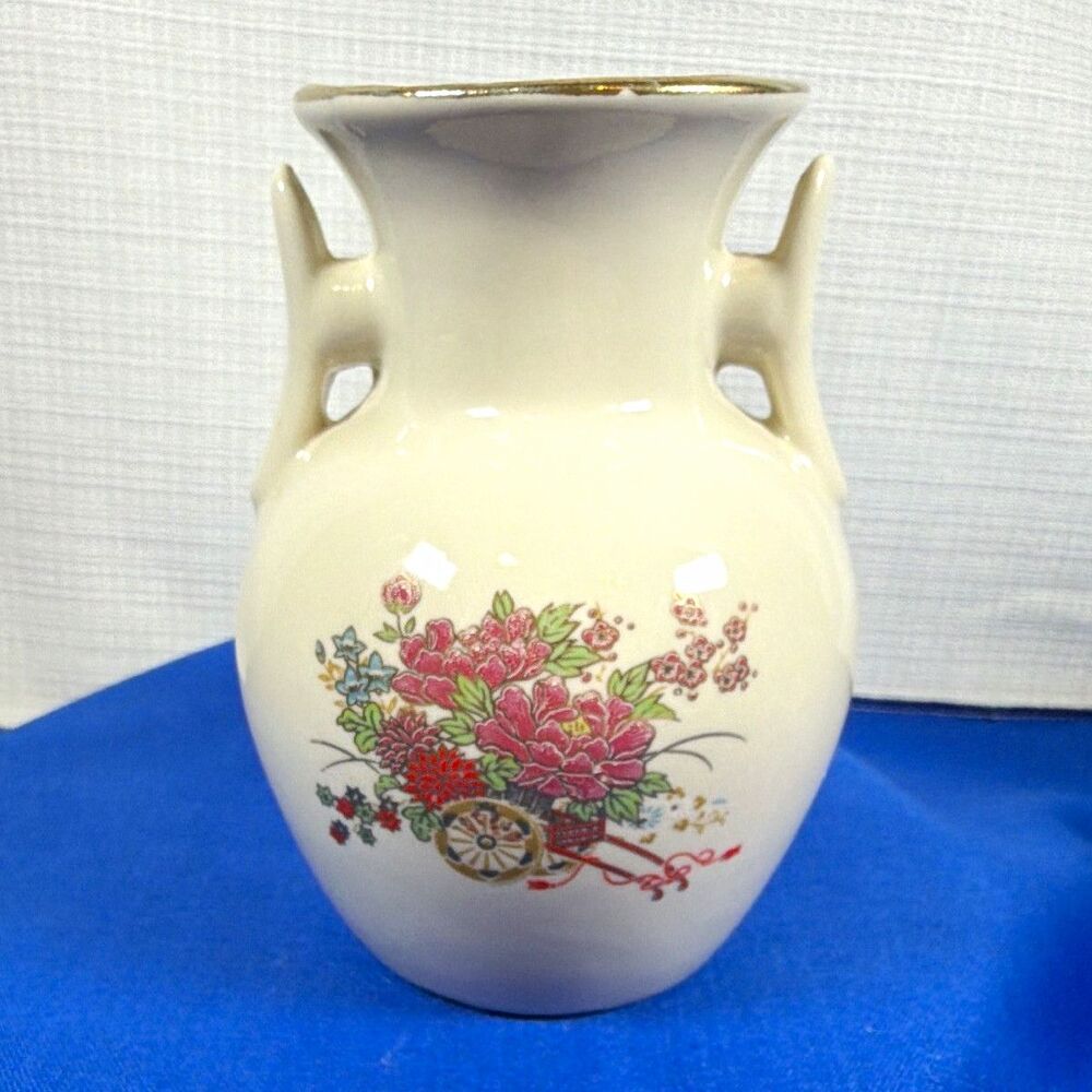 Vtg Ceramic Mini Amphora Vase Two Handles Floral Peony Rickshaw Gold Trim 4.5"